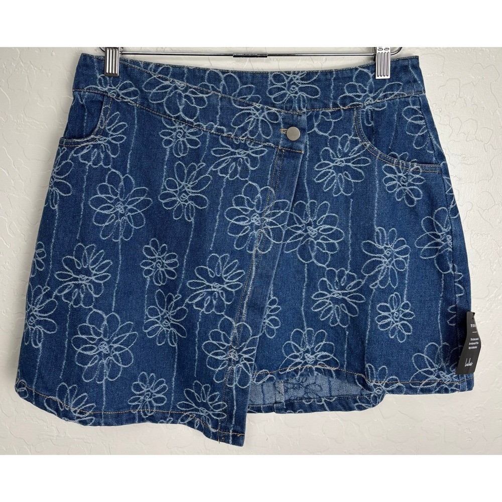 Lulus Nicest Aura Med Wash Embroidered Denim Floral Asymmetrical Skirt Sz M 2643